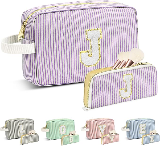 Travel Makeup Bag Christmas Gifts for Women Girl Teens, Personalized Initial Makeup Bag for Cute Teen Girls, Preppy Stuff Toiletry Bag Cosmetic Bag, Teen Girls Gift Trendy Stuff, Letter J