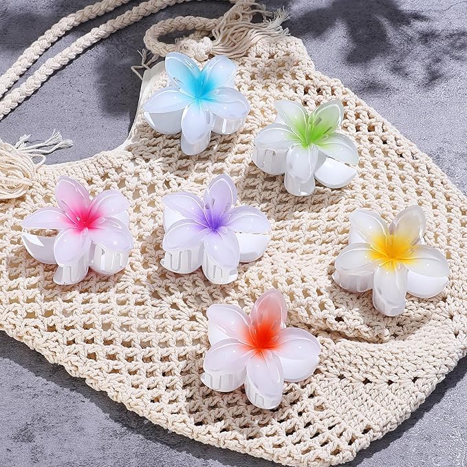 Flower Hair Clips 6 PCS Hawaiian Claw Clips for Vacation Hibiscus Hair Claw Clips Cute Large Hair Clips for Thick and Thin Hair Plumeria Hair Accessories for Women Girls -White Colorful