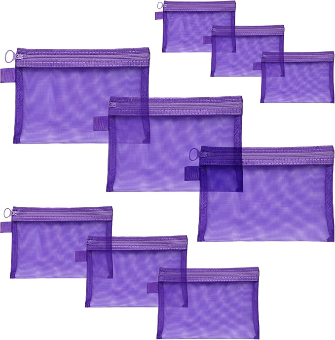 Quotidian Flat Clear Mesh Zipper Pouch Purple Makeup Brush Bag Travel Organizer 3-Size Pack of 9 - Toiletry Kit Cruise Travel Purse Storage