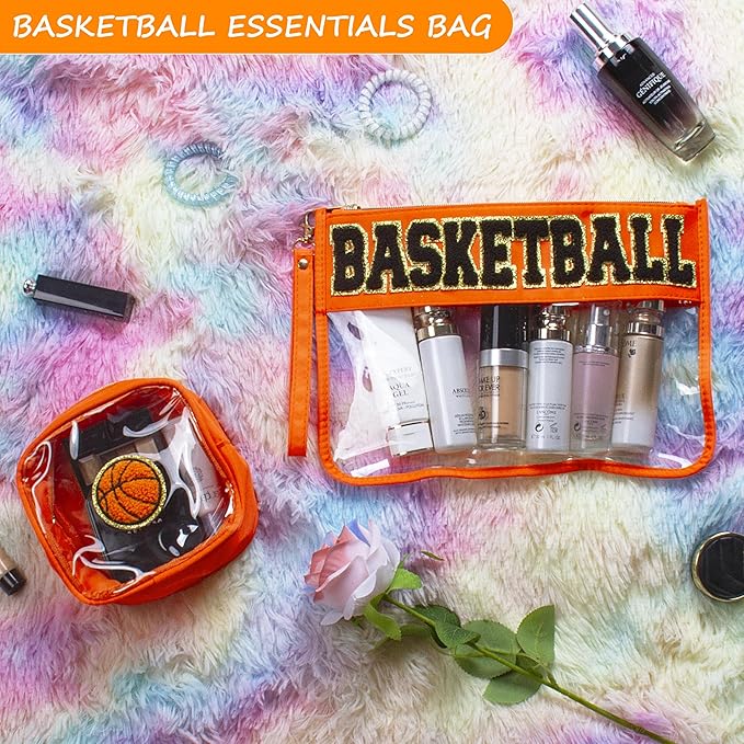 2 Pcs Basketball Gifts Makeup Bag with Chenille Letter Patch, Clear Cosmetic Pouch PVC Organizer Purse, Waterproof Travel Bag, Portable Toiletry Storage Bag for Her Girls Friends Women