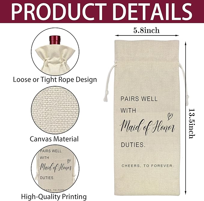 AWSICE Wedding Wine Bottle Bag - Maid of Honor Proposal Gifts - Pairs Well with Wedding Gift Bags - Engagement Present for Bridesmaid - Bridal Planning Shower Decorations-A08