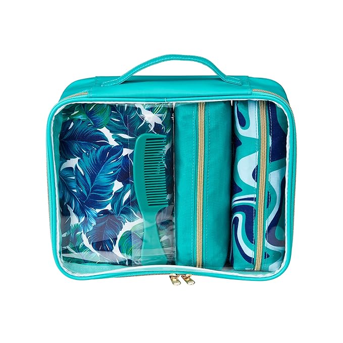Conair 5 Piece Toiletry and Cosmetic Bag Set Under $30, Includes 4 Makeup Bags and 1 Travel Comb in Teal Palm Prints