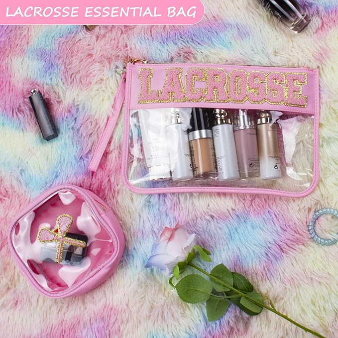 2 Pcs Lacrosse Gifts Makeup Bag with Chenille Letter Patch, Clear Cosmetic Pouch PVC Organizer Purse, Waterproof Travel Bag, Portable Toiletry Storage Bag for Her Girls Friends Women
