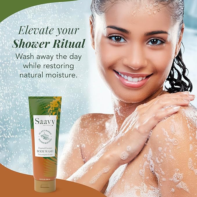 Saavy Naturals Body Wash Tropical Coconut Plant-Based Ingredients| Made In Usa | Sensitive Skin Body Wash, l Organic & Vegan Formula With Coconut Oil, Shea Butter, And Aloe Vera - 8.5 Fl Oz, 2 Pack