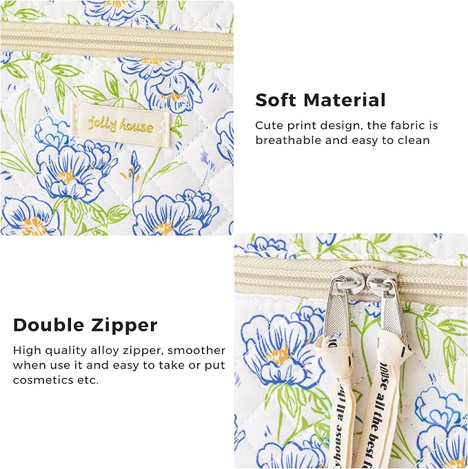 HBselect Quilted Makeup Bag, 3PCS Cotton Large Travel Makeup Bag, Cute Floral Coquette Make up Bag Cosmetic Bag Toiletry Bag for Women Girls