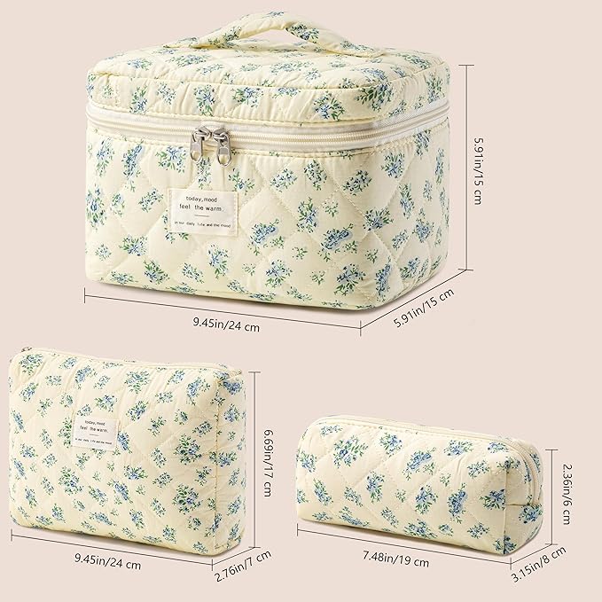 HBselect Quilted Makeup Bag, 3PCS Cotton Large Travel Makeup Bag, Cute Floral Coquette Make up Bag Cosmetic Bag Toiletry Bag for Women Girls