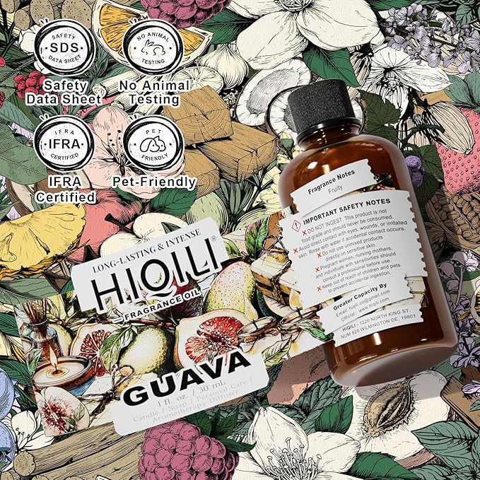 HIQILI Guava Fragrance Oil for Candle, Soap & Bath Bombs Making, Long-Lasting Fruity Scent, and Indoor Diffusers Use - 1 Fl Oz
