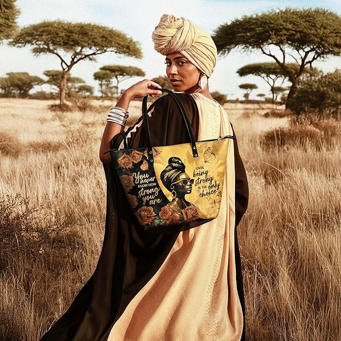 African Black Women's Leather Tote Bag, Large, Premium Vegan Leather, Full Zip, Perfect Christmas Gifts For Women