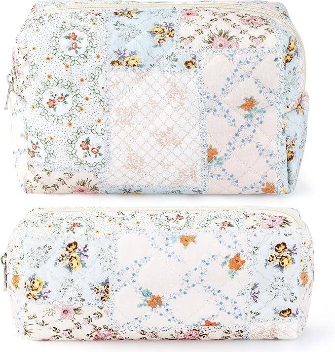 2Pcs Cotton Quilted Makeup Bag for Women Girls Coquette Small Floral Cosmetic Bags Cute Zipper Pencil Pouch Aesthetic Makeup Pouch Trendy Cloth Bee&Flower Travel Toiletry Skincare Bag