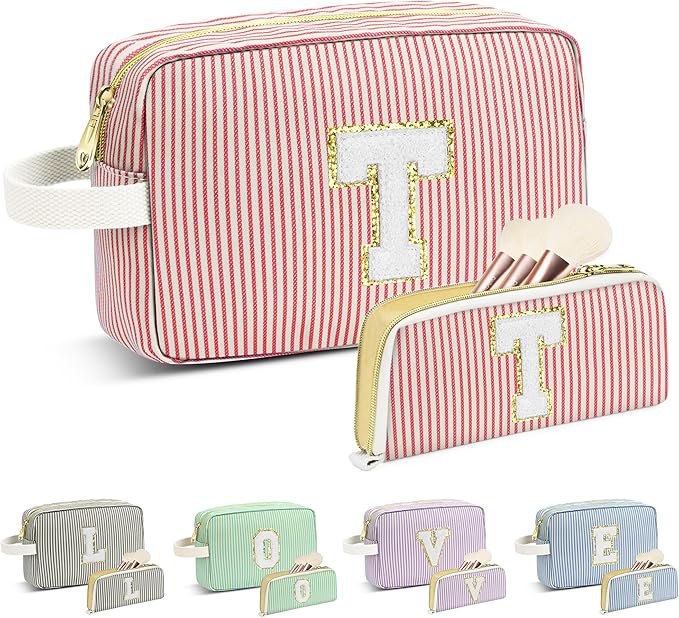 Travel Makeup Bag Christmas Gifts for Women Girl Teens, Personalized Initial Makeup Bag for Cute Teen Girls, Preppy Stuff Toiletry Bag Cosmetic Bag, Teen Girls Gift Trendy Stuff, Letter T