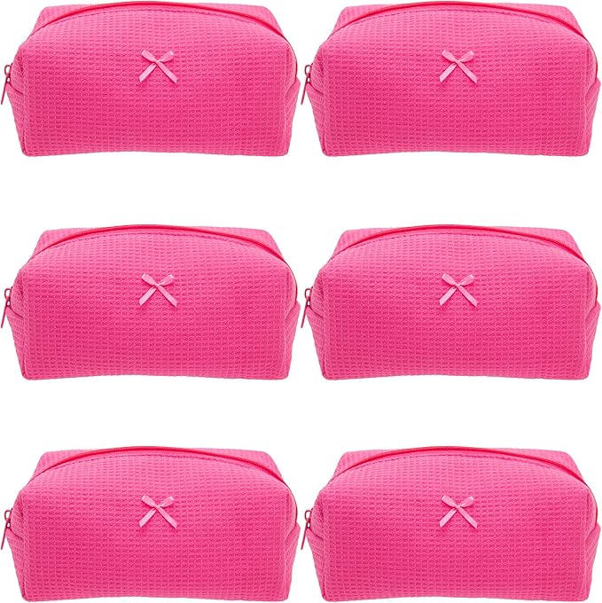 PAZIMIIK 6PCS Cozy Makeup Bag Travel Cosmetic Bag for Women Soft Toiletry Bag Aesthetic Makeup Organizer Portable Large Zipper Pouch for Skincare Beauty Accessories Brushes Waffle Hotpink