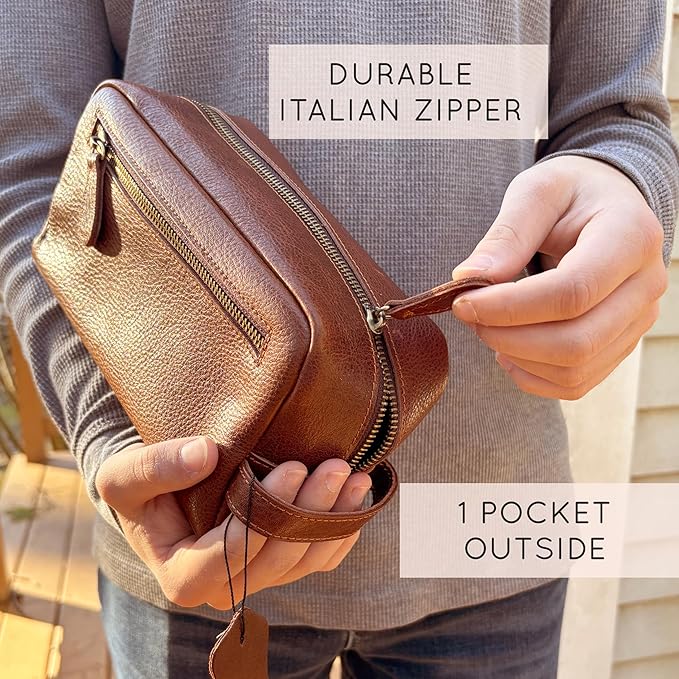 Danique Jewelry 100% Genuine Leather Personalized Toiletry Bag for Men • Mens Toiletry Travel Bag • Travel Essentials • Vacation Essentials Bathroom Travel Organizer • Groomsmen Gifts Shaving Bag