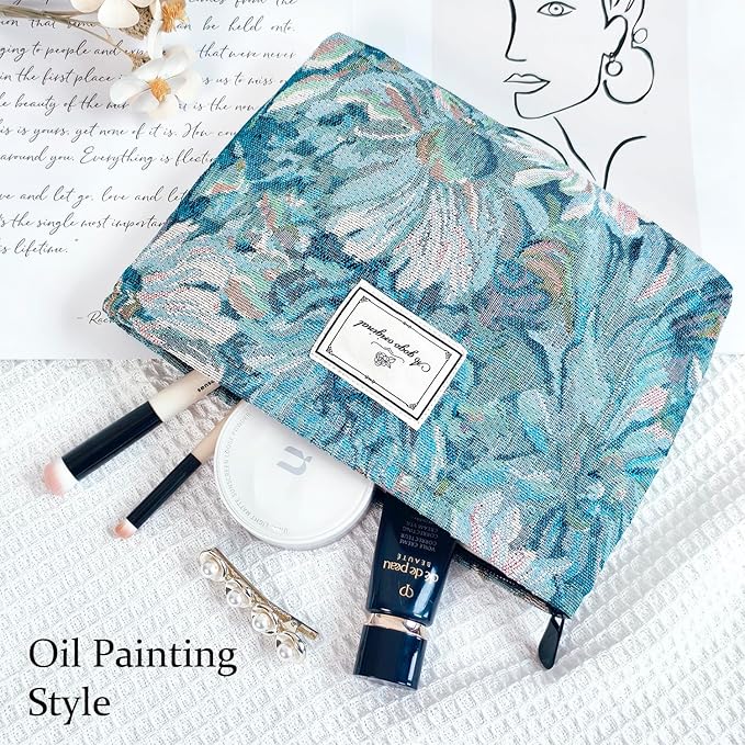STARDW Aesthetic Floral Makeup Bag Cute Small Cosmetic Bags for Women Girls, Travel Toiletry Bag Large Capacity Zipper Makeup Pouch, Purse Organizer Pouches (Oil Painting Style)