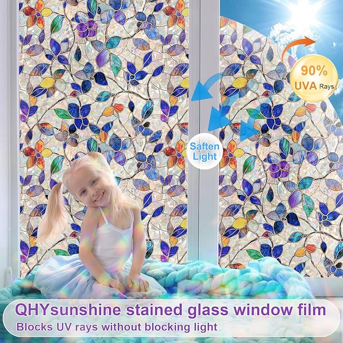 Stained Glass Window Privacy Film Decorative Rainbow Static Clings – Ideal for Home & Office, Adhesive-Free, Removable, UV-Blocking (Purple Rainbow, 23.6 X 78.7 in)