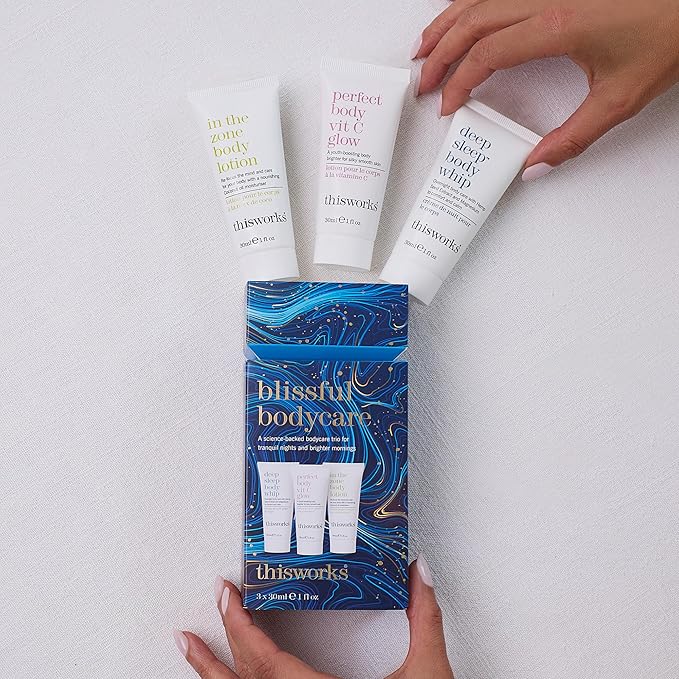 THISWORKS Blissful Bodycare Trio – Deep Sleep Body Whip, Perfect Body Vit C Glow, In The Zone Body Lotion (30ml each) – Travel-Size Moisturizers