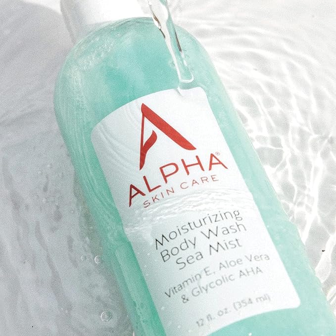 Alpha Skin Care Moisturizing Body Wash, Gentle Soap-Free Anti-Aging Formula, Glycolic AHA, Vitamin E & Aloe Vera, Conditions & Soothes, All Skin Types Hydroxy Acid, 12 Oz
