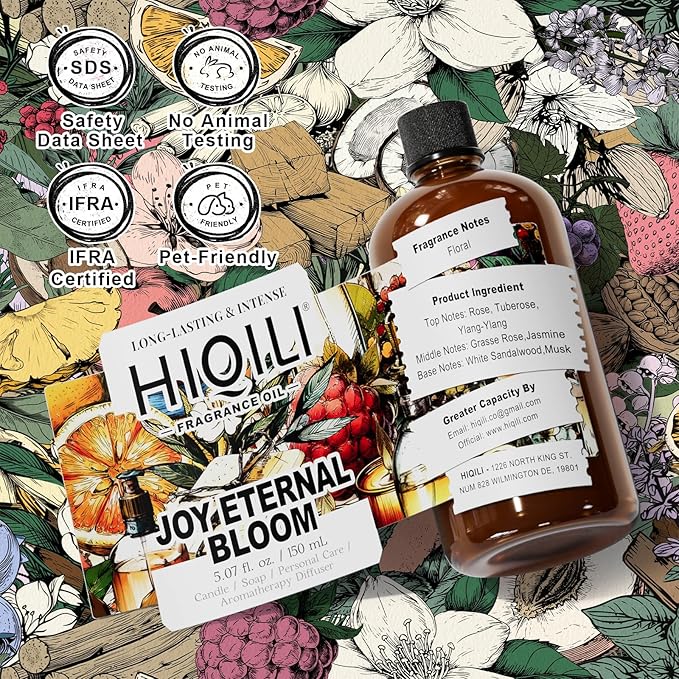 HIQILI Joy Eternal Bloom Fragrance Oil, Jasmine & Rose Scents, Aromatherapy Diffuser, Air Freshener, Candle & Soap Making, Long Lasting - 5.07 Fl Oz