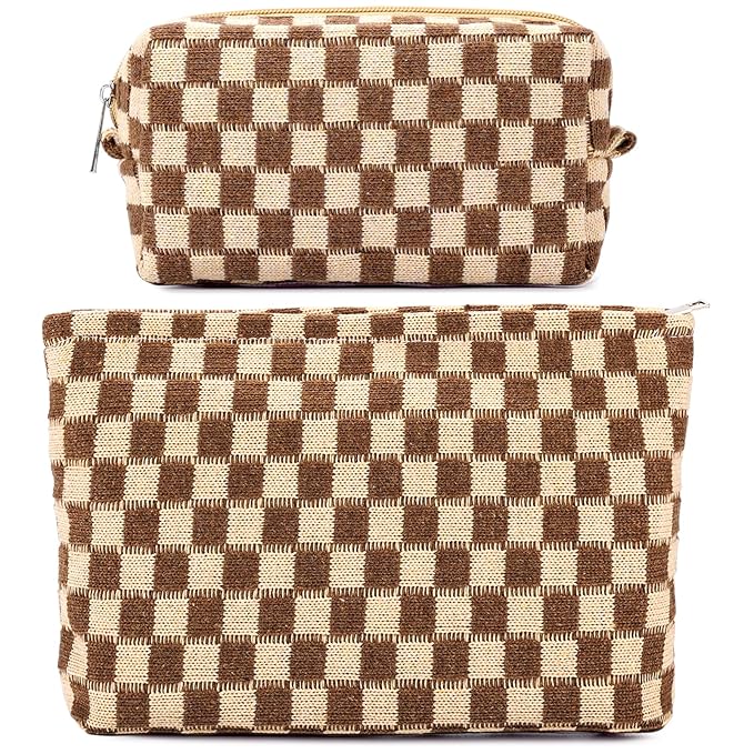 ZLFSRQ 2Pcs Checkered Makeup Bag for Women Large Small Checkered Cosmetic Bag Set Aesthetic Preppy Pencil Case Cute Pencil Pouch Brown Makeup Pouch for Purse Travel Toiletry Bags Zipper Skincare Bags