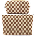 ZLFSRQ 2Pcs Checkered Makeup Bag for Women Large Small Checkered Cosmetic Bag Set Aesthetic Preppy Pencil Case Cute Pencil Pouch Brown Makeup Pouch for Purse Travel Toiletry Bags Zipper Skincare Bags