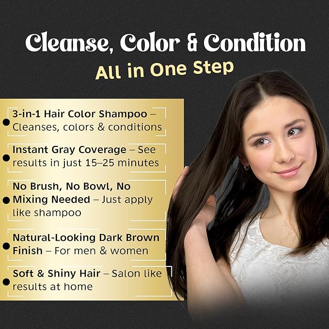 Hair Color Shampoo for Gray Hair, Dark Brown, 500ml with Color Stain Remover Wipes, Ammonia Free
