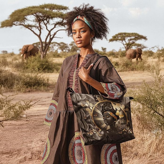 African Black Women's Leather Tote Bag, Large, Premium Vegan Leather, Full Zip, Perfect Christmas Gifts For Women