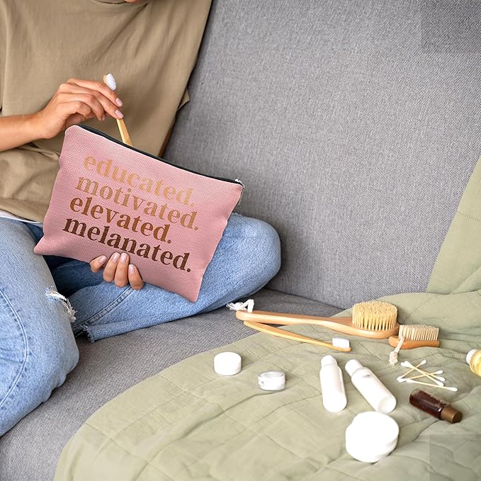 Nogrit African American Gifts,Black Women Gifts,Educated Motivated Elevated Melanated,Black Women Makeup Bag Cosmetic Bag, Melanin Makeup Travel Toiletry Bag,gifts for African American women/pink