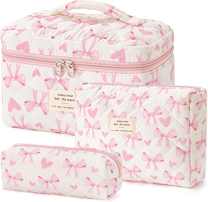 HBselect Quilted Makeup Bag, 3PCS Cotton Large Travel Makeup Bag, Cute Floral Coquette Make up Bag Cosmetic Bag Toiletry Bag for Women Girls