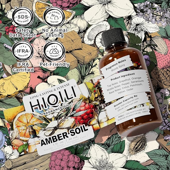 HIQILI Amber Soil Fragrance Oil for Diffuser, Perfume & Hair Perfume Mist Making - Citrus, Pepper & Woody Notes, Long-Lasting Scent - 1 Fl Oz