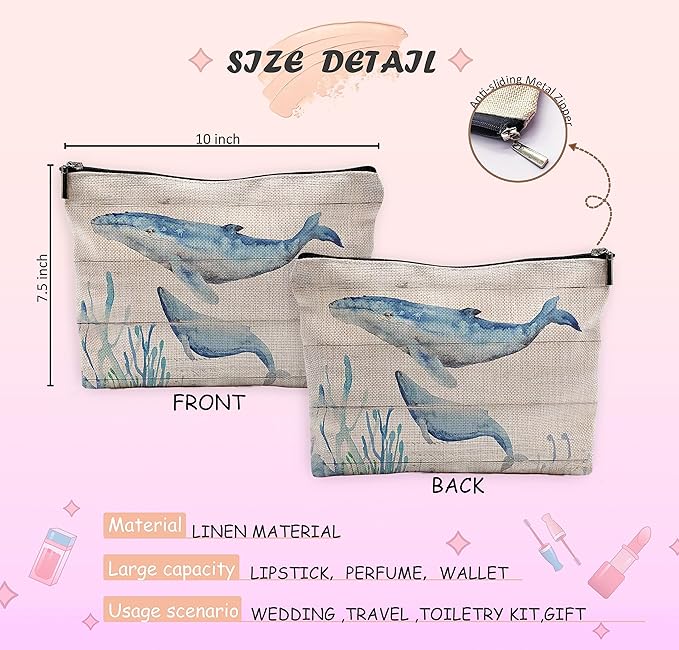 Watercolor Beach Ocean Whale Makeup Bag Travel Cosmetic Bags,Rustic Marine Life Sea Animal Cosmetic Bags with Zipper Pouch Travel Toiletry Case,Gifts for Whale Lovers