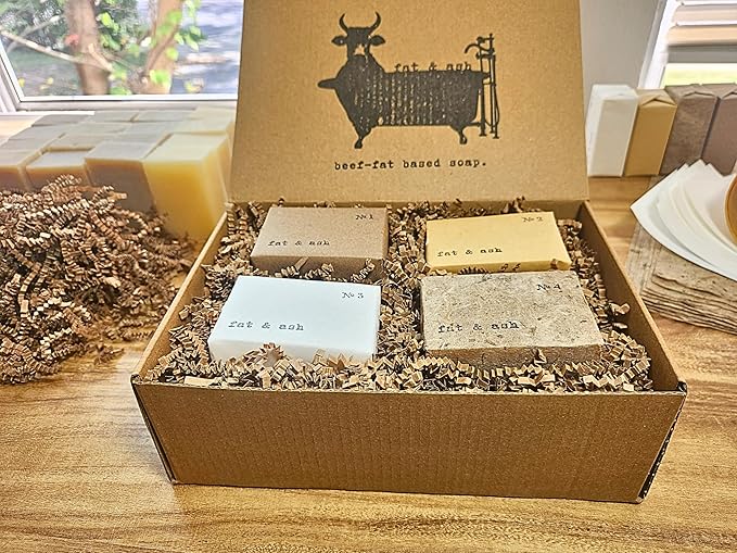 fat & ash Beef Tallow Soap Bar (8 Pack) - VERY SIMPLE INGREDIENTS - Organic and Moisturizing - Handmade in USA - Family Recipe - Long-Lasting, All-Natural, For Dry Skin