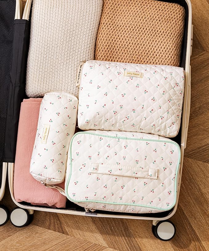 HBselect Quilted Makeup Bag, 3PCS Cotton Large Travel Makeup Bag, Cute Floral Coquette Make up Bag Cosmetic Bag Toiletry Bag for Women Girls