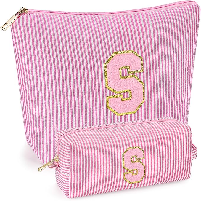 mibasies 2 PCS Initial Makeup Bags for Women: - Birthday Gifts for Teen Girls 11 12 13 14 15 16 Years Old - Preppy Trendy Stuff - Cosmetic Bag for Travel Toiletry - Pink S