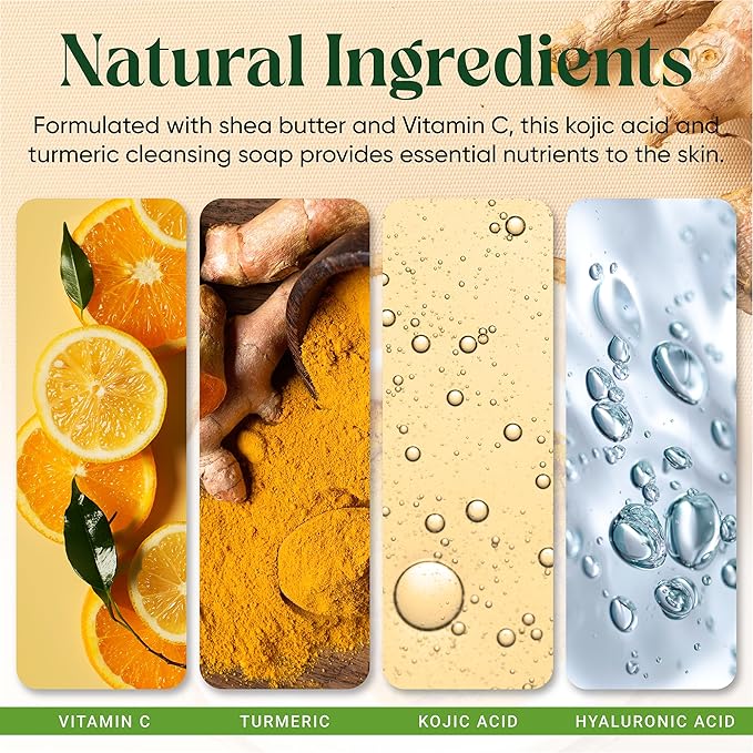 Turmeric Kojic Acid Soap Bars with Vitamin C, Retinol & Hyaluronic Acid – Face & Body Soap with Collagen & Shea Butter – 2-Pack Cleansing Bars for All Skin Types