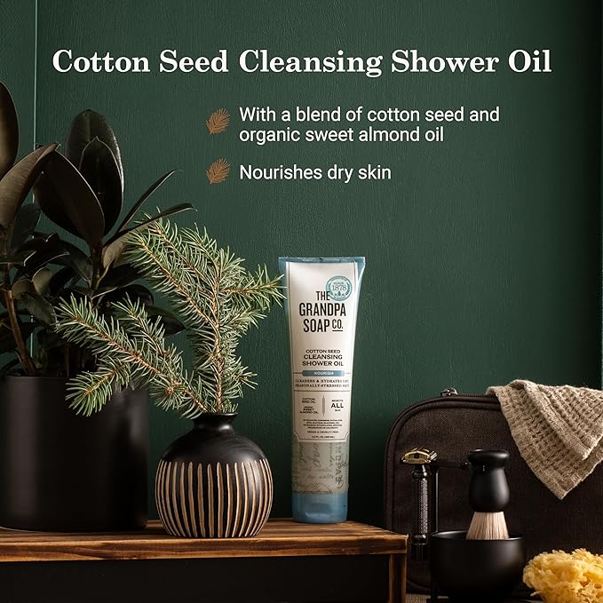 The Grandpa Soap Company Cotton Seed Cleansing Shower Oil - Hydrates Dry Seasonally-Stressed Skin, Nourishing and Moisturizing, With Cotton Seed Oil and Sweet Almond Oil, 9.5 Fl Oz., 2 Pack