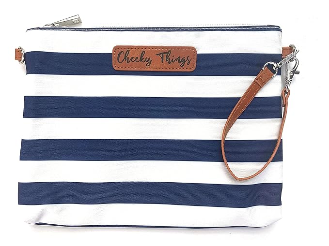Stylish Diaper Bag Organizing Pouches - XL Set of 4 Navy and White Striped Canvas Diaper Bag Pouches with Leather Embossed Labels, Leather Wristlet Strap & Durable Metal Zippers