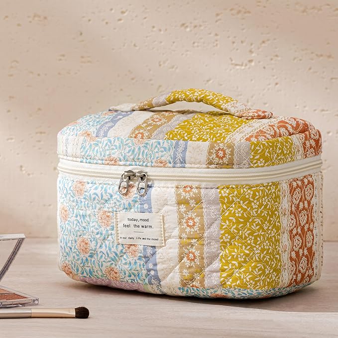 HBselect Quilted Makeup Bag, 3PCS Cotton Large Travel Makeup Bag, Cute Floral Coquette Make up Bag Cosmetic Bag Toiletry Bag for Women Girls