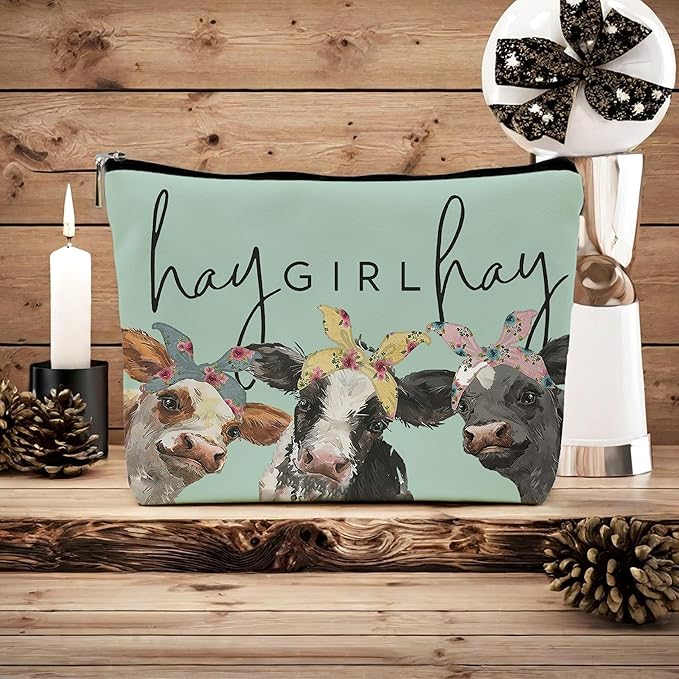 Cow Print Stuff,Cow Makeup Bag,Cow Gifts,Western Makeup Bag,Makeup Bags For Women,Cow Print(Green Pu Leather Cosmetic Bag)