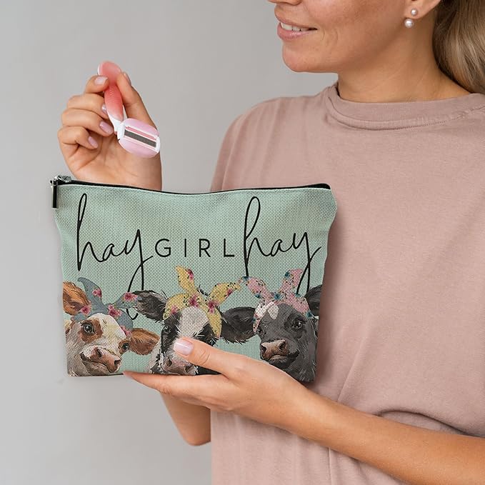 Small Travel Makeup Bag, Mini Cute Cow Print Makeup Bag for Purse, Small Toiletry Bags for Women, Western Gifts for Women, Cow Gifts for Cow Lovers/Cowgirls - Green