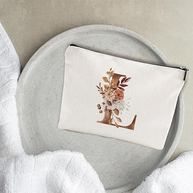 A-Z Boho Personalized Cosmetic Bag-Floral Cotton Letter Makeup Bag With Zipper-Artistic Cosmetic Bag For Travel-Bride,Birthday Gift For Women Daughter Friends-Women Makeup Organizer-A12