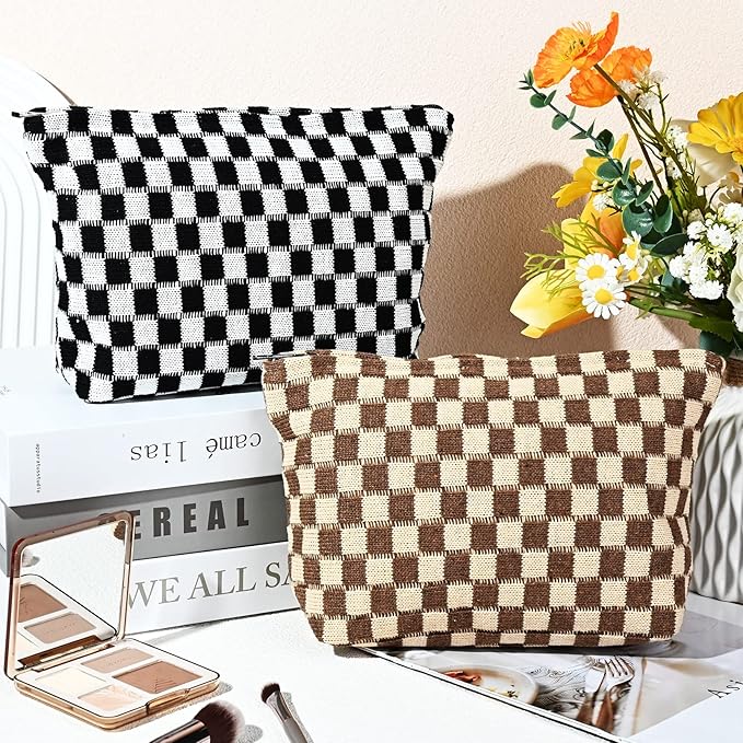 SOIDRAM 2 Pieces Makeup Bag Large Checkered Cosmetic Bag Capacity Canvas Travel Toiletry Bag Organizer Cute Makeup Brushes Aesthetic Accessories Storage Bag for Women, Checkered L Black Brown