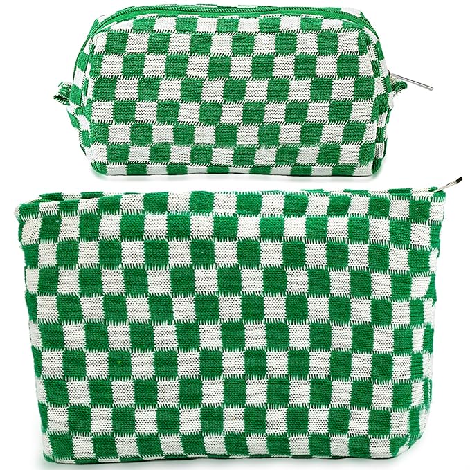 ZLFSRQ 2Pcs Checkered Makeup Bag for Women Large Small Checkered Cosmetic Bag Set Aesthetic Preppy Pencil Case Cute Pencil Pouch Green Makeup Pouch for Purse Travel Toiletry Bags Zipper Skincare Bags