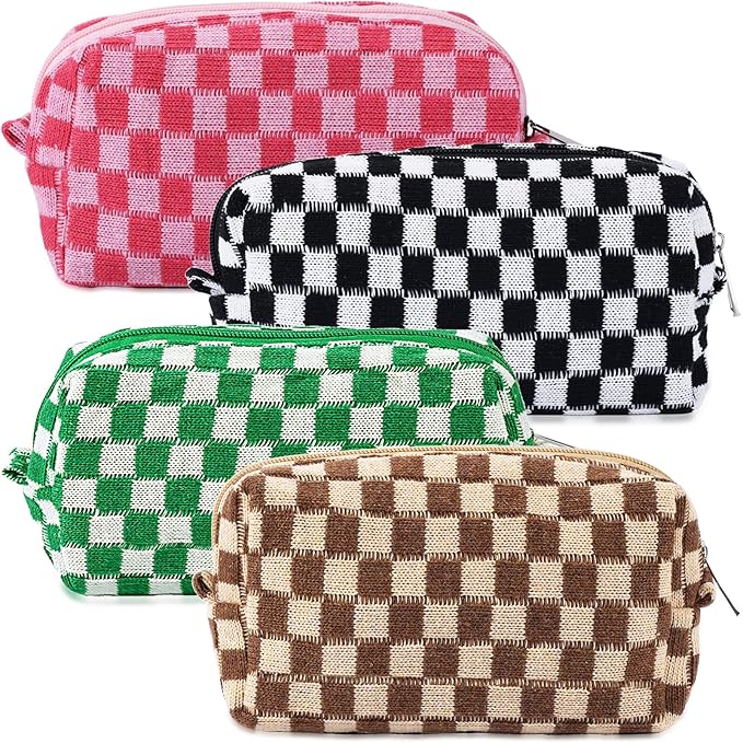 ZLFSRQ 4Pcs Checkered Pencil Case Cute Pencil Pouch for Teens Checkered Makeup Bag Medium Travel Cosmetic Bag Makeup Pouch for Purse Aesthetic Trendy Zipper Toiletry Bags(Green/Black/Pink/Brown)