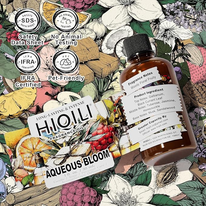 HIQILI Aqueous Bloom Fragrance Oil for Diffusers, Candles & Soap Making – Floral and Green Notes with Sandalwood, Long-Lasting Scent - 1 Fl Oz
