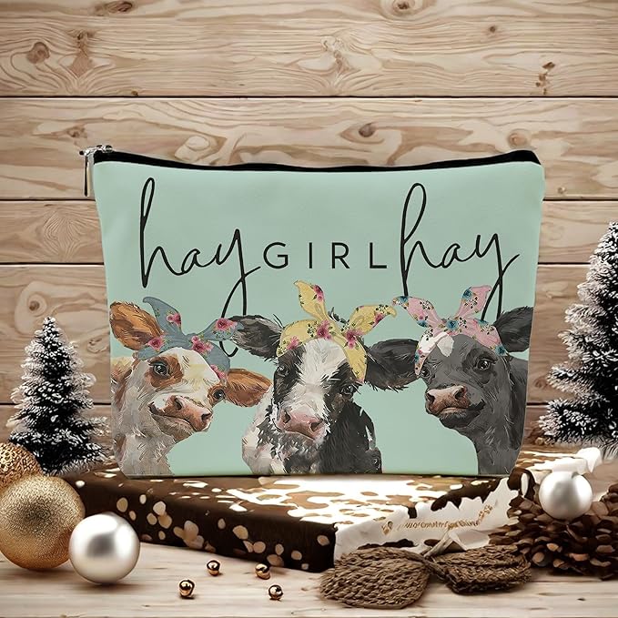 Cow Print Stuff,Cow Makeup Bag,Cow Gifts,Western Makeup Bag,Makeup Bags For Women,Cow Print(Green Pu Leather Cosmetic Bag)