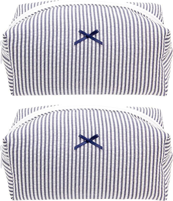 PAZIMIIK 2PCS Cozy Makeup Bag Small Aesthetic Travel Zipper Cosmetic Pouch for Women Make Up Beauty Accessories Brushes, Stripe Navy Blue