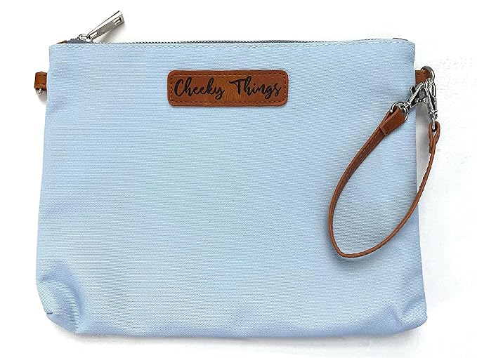 Stylish Diaper Bag Organizing Pouches - XL Set of 4 Light Blue Canvas Diaper Bag Pouches with Leather Embossed Labels, Leather Wristlet Strap & Durable Metal Zippers