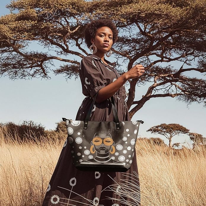 African Black Women's Leather Tote Bag, Large, Premium Vegan Leather, Full Zip, Perfect Christmas Gifts For Women