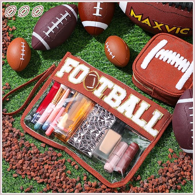 Hillban 2 Pcs Football Girl Gifts Makeup Cosmetic Bags Toiletry Pouch Sports Goody Bags Chenille Letter Clear Zipper Pouch Football Accessories for Women Travel Stuff Portable Storage Case