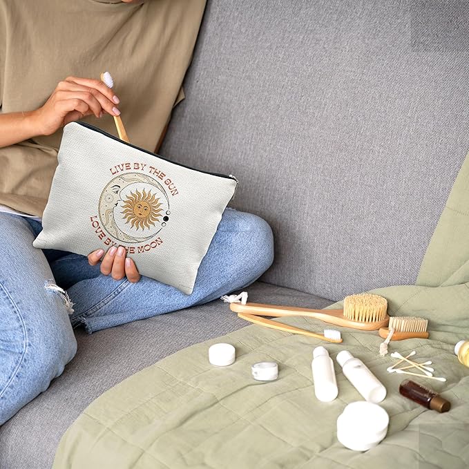 Nogrit sun and moon makeup bag,Tarot Makeup Cosmetic Bag,Live by the Sun Love by the Moon,Tarot Makeup Travel Toiletry Bag,Gifts for Tarot Astrology Lovers Women
