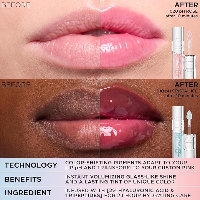 L'Oreal Paris Plump Ambition pH Hyaluron Lip Oil, Color Shifting Lip Tint with 24HR Hydration, Volumizing Shine and Lasting Color, 010 pH Cristal Ice